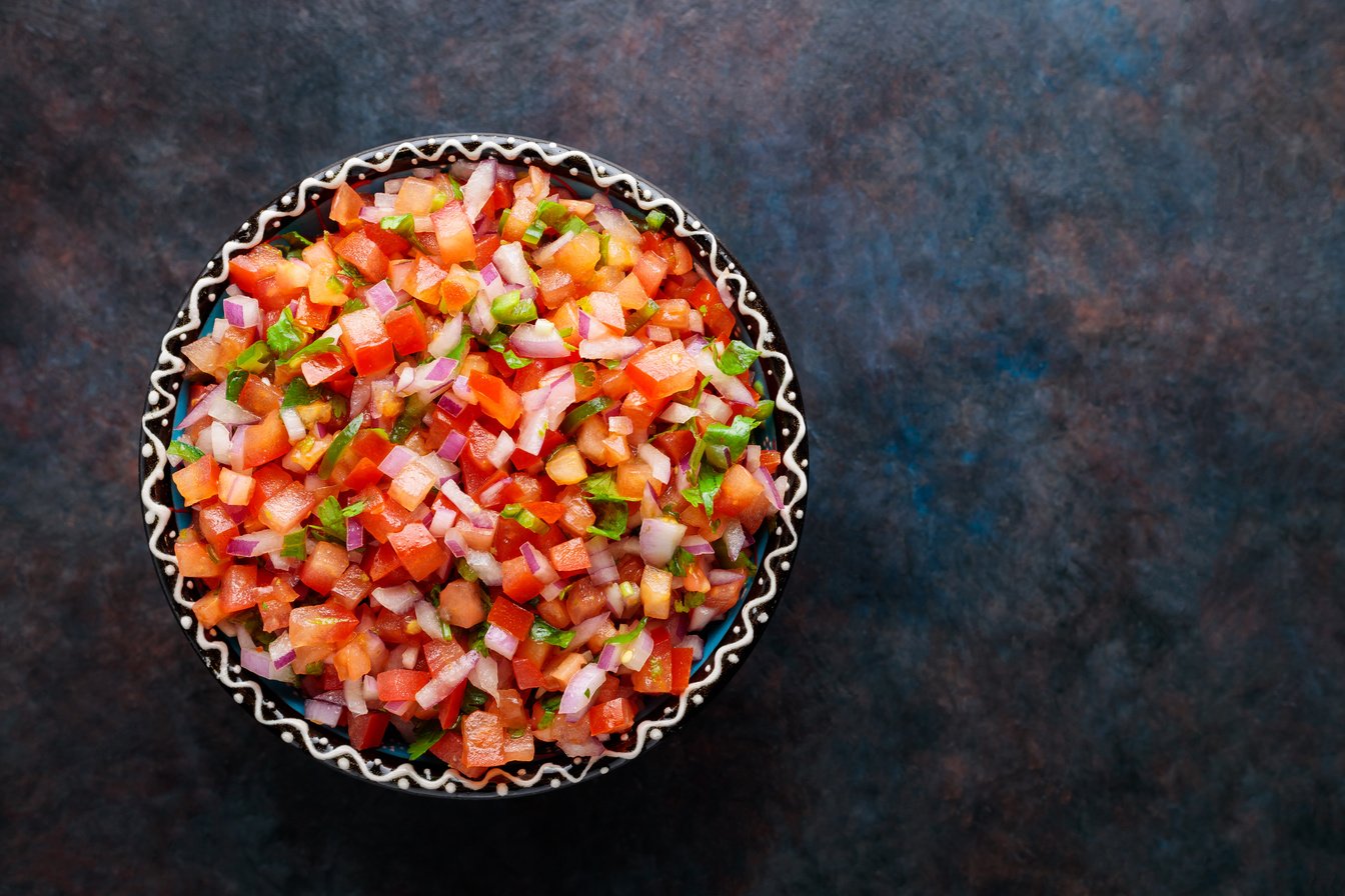 Pico De Gallo on a Dark Background. Homemade Pico De Gallo with